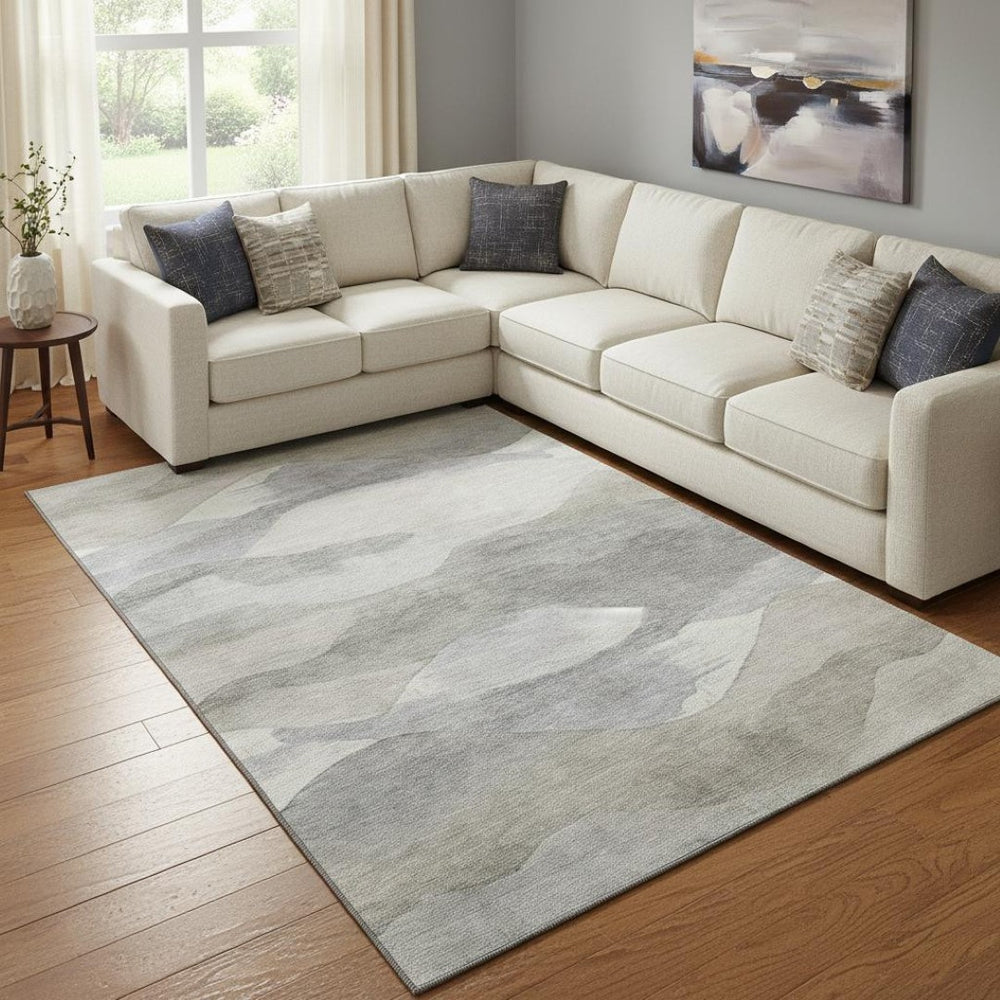 HomeRoots 9' X 12' Abstract Beige Gray Ivory Washable Area Rug – Durable, UV Protected, Modern Style Home Decor 709611