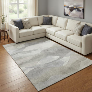 HomeRoots 9' X 12' Abstract Beige Gray Ivory Washable Area Rug – Durable, UV Protected, Modern Style Home Decor 709611