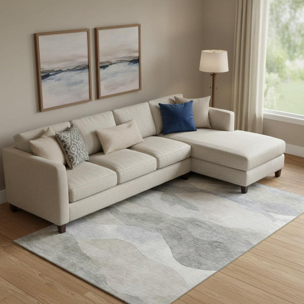 HomeRoots 10' Beige, Gray & Ivory Abstract Washable Area Rug - UV Resistant, Soft, Durable & Pet-Friendly Design 709612