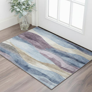 HomeRoots 5' X 8' Abstract Washable Area Rug in Denim Blue, Beige & Eggplant - UV Resistant & Soft Polyester 709614