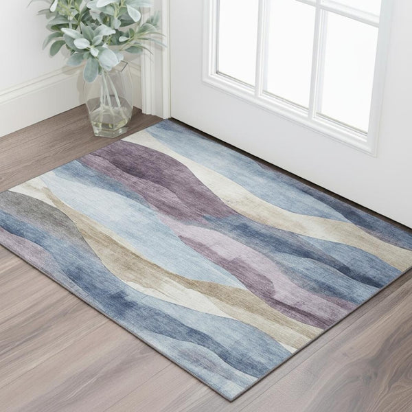 HomeRoots 5' X 8' Abstract Washable Area Rug in Denim Blue, Beige & Eggplant - UV Resistant & Soft Polyester 709614