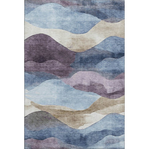 HomeRoots 5' X 8' Abstract Washable Area Rug in Denim Blue, Beige & Eggplant - UV Resistant & Soft Polyester 709614