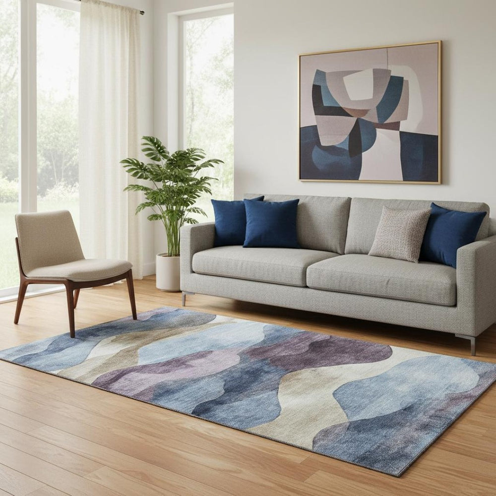 HomeRoots 8' Stylish Washable Round Rug in Denim Blue, Beige & Eggplant - UV Resistant, Durable & Versatile Design 709615