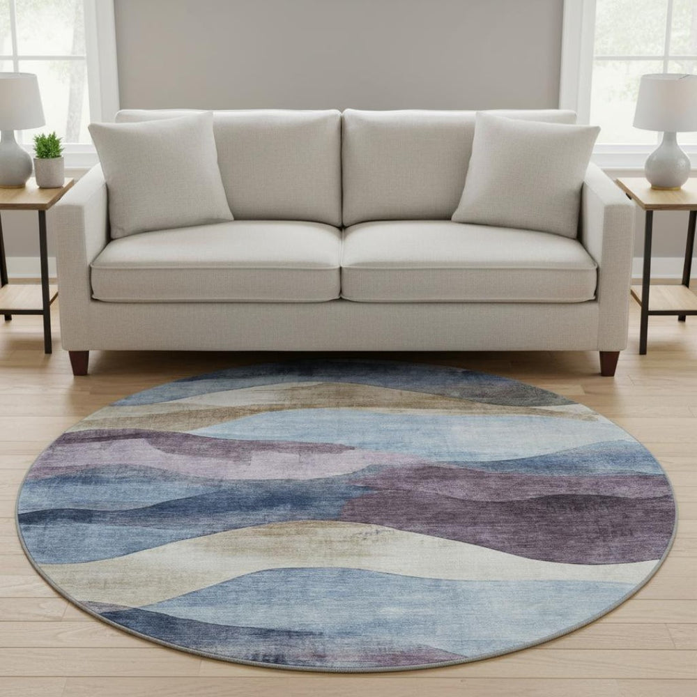 HomeRoots 8' X 10' Abstract Denim Blue Beige & Eggplant Area Rug - Soft, Stain-Resistant & UV Protected Design 709616