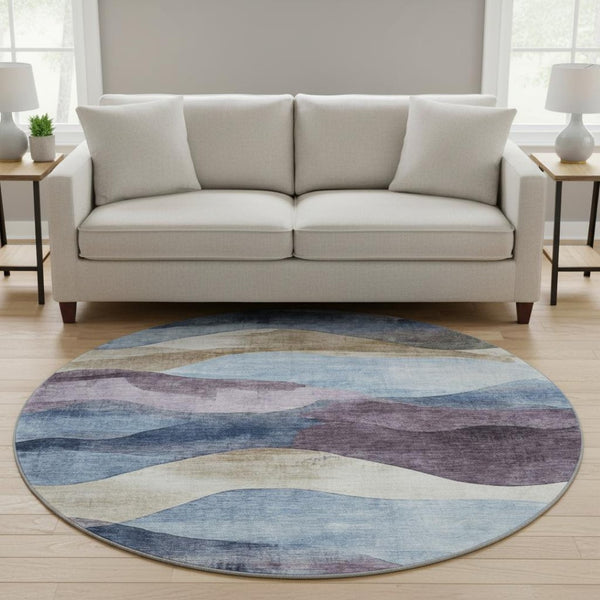 HomeRoots 8' X 10' Abstract Denim Blue Beige & Eggplant Area Rug - Soft, Stain-Resistant & UV Protected Design 709616