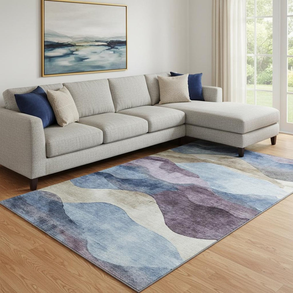 HomeRoots 9' X 12' Abstract Washable Area Rug in Denim Blue, Beige & Eggplant - UV Protected, Durable Design 709617