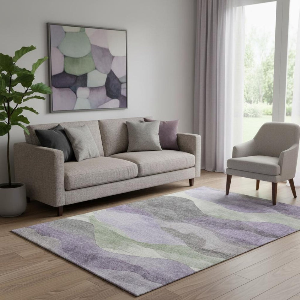HomeRoots 8' Purple Sage and Gray Abstract Washable Round Rug with Non-Slip Backing and UV Protection 709621