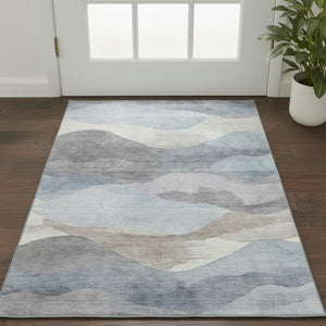 HomeRoots 5' X 8' Stylish Sky Blue Beige & Ivory Abstract Machine-Washable Area Rug with UV Protection 709626