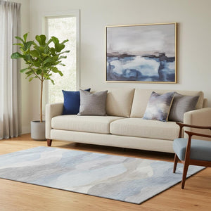 HomeRoots 8' Versatile Sky Blue Beige & Ivory Abstract Washable Round Rug with UV Protection for Any Space 709627