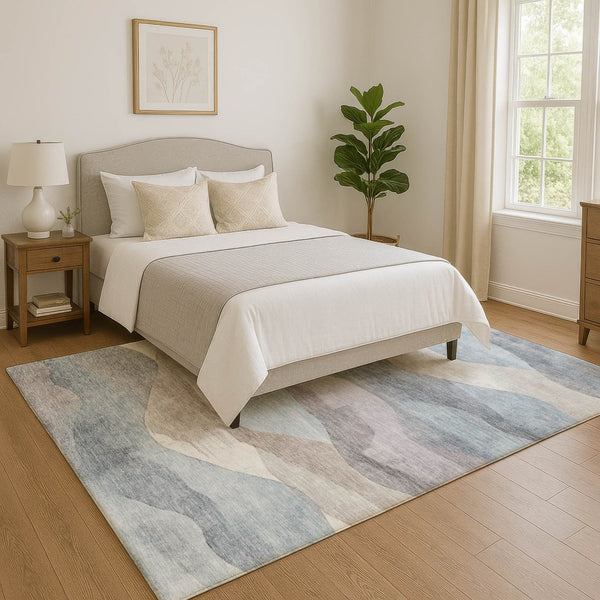 HomeRoots 8' Versatile Sky Blue Beige & Ivory Abstract Washable Round Rug with UV Protection for Any Space 709627