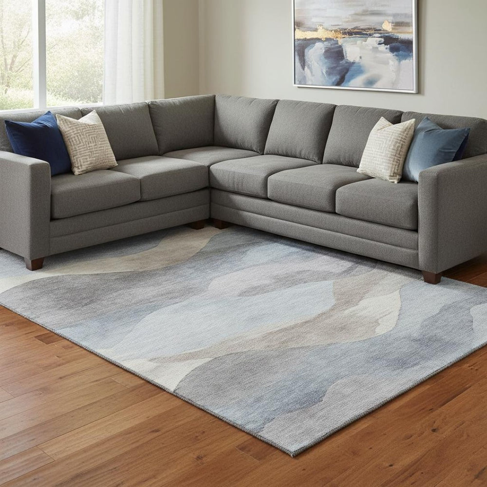 HomeRoots 9' X 12' Sky Blue Beige Ivory Abstract Area Rug - Washable, UV Protected, Pet Friendly & Stylish! 709629