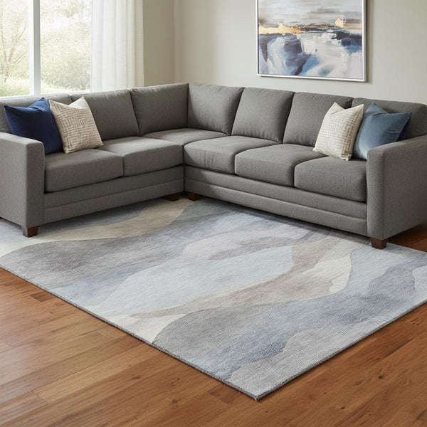 HomeRoots 9' X 12' Sky Blue Beige Ivory Abstract Area Rug - Washable, UV Protected, Pet Friendly & Stylish! 709629