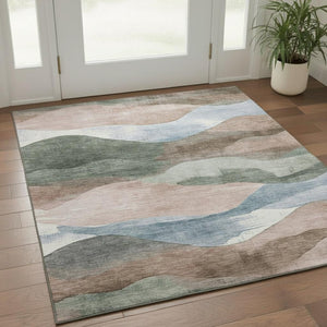 HomeRoots 5' Washable Abstract Area Rug in Salmon, Emerald & Ivory - UV Protected, Non-Slip, Durable Design 709632