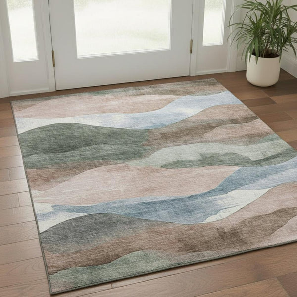 HomeRoots 5' Washable Abstract Area Rug in Salmon, Emerald & Ivory - UV Protected, Non-Slip, Durable Design 709632