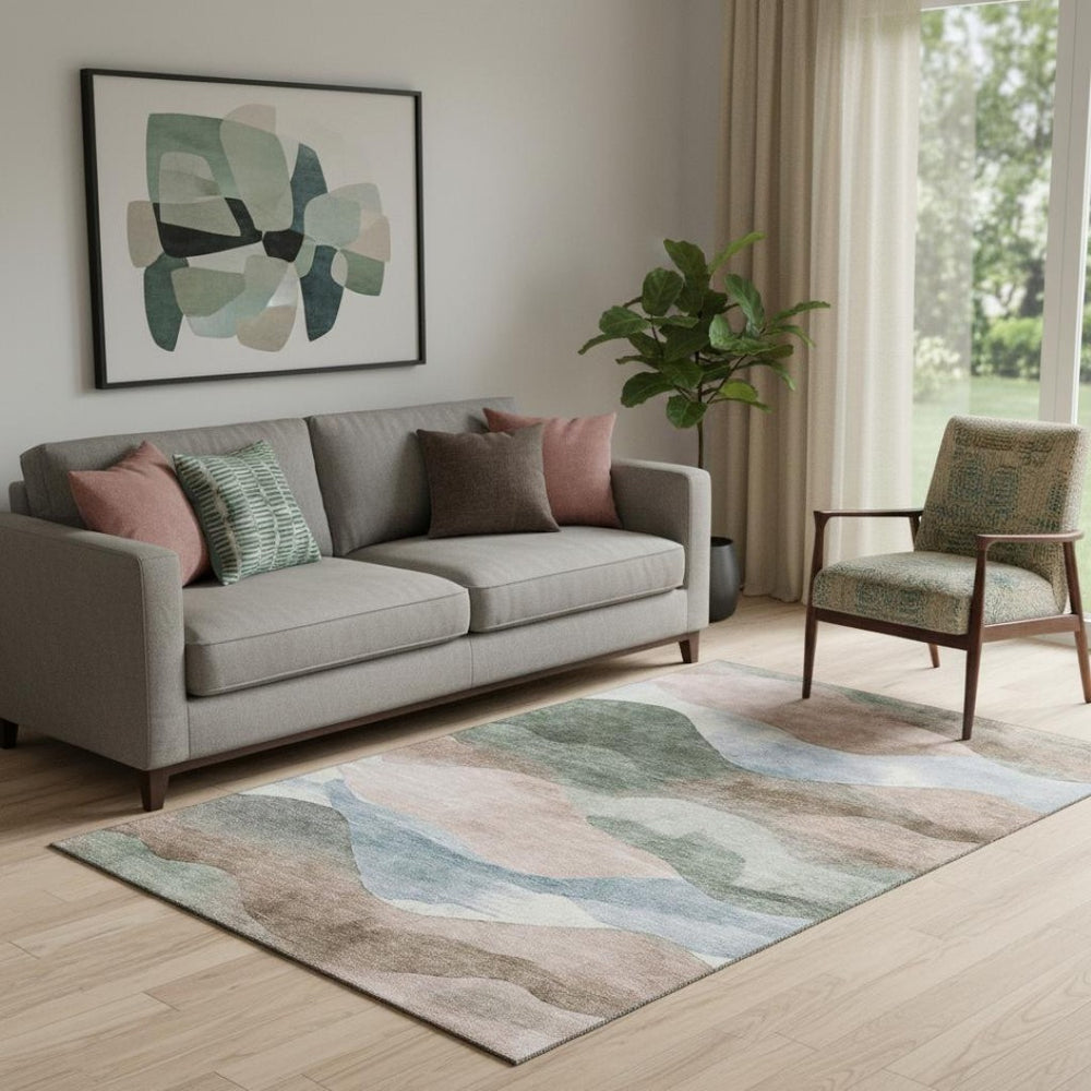 HomeRoots 8' Salmon and Emerald Abstract Washable Round Rug - UV Protected, Durable, and Stylish for Homes 709633