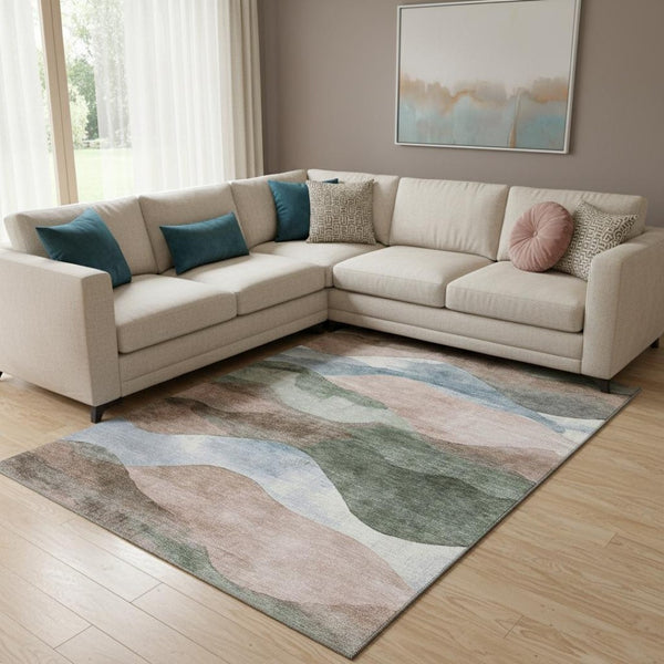 HomeRoots 9' X 12' Salmon, Emerald & Ivory Abstract Area Rug - Machine-Washable, Stain-Resistant & UV Protected 709635