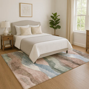 HomeRoots 9' X 12' Salmon, Emerald & Ivory Abstract Area Rug - Machine-Washable, Stain-Resistant & UV Protected 709635