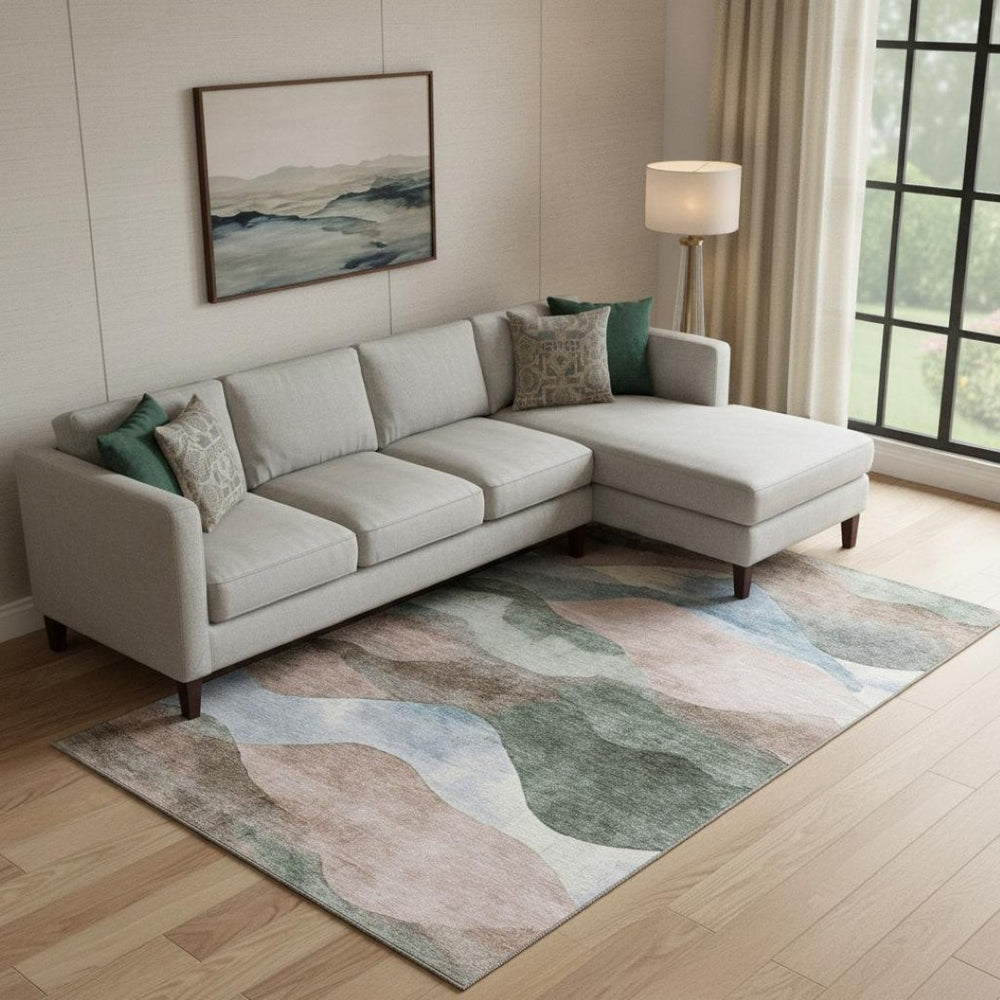 HomeRoots 10' x 14' Salmon, Emerald & Ivory Abstract Washable Area Rug with UV Protection for Stylish Spaces 709636