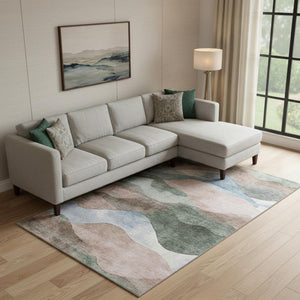 HomeRoots 10' x 14' Salmon, Emerald & Ivory Abstract Washable Area Rug with UV Protection for Stylish Spaces 709636