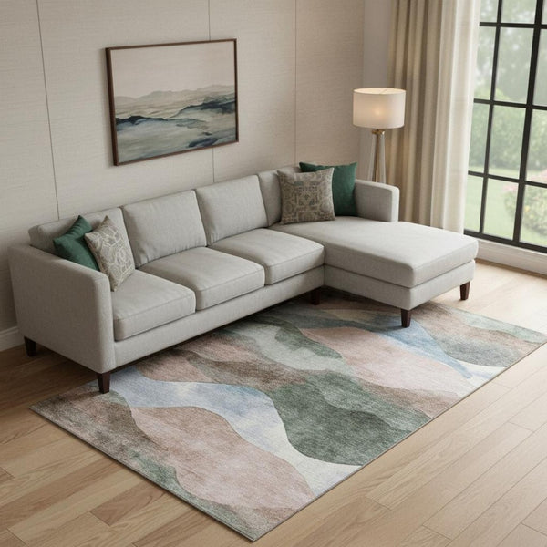 HomeRoots 10' x 14' Salmon, Emerald & Ivory Abstract Washable Area Rug with UV Protection for Stylish Spaces 709636