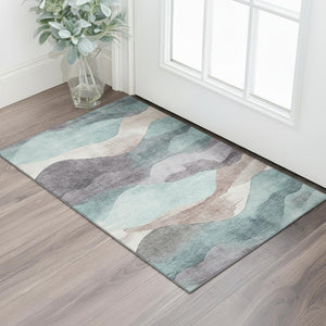 HomeRoots 5' X 8' Washable Abstract Area Rug in Teal, Beige & Ivory - UV Protection, Durable & Stylish Home Accent 709638