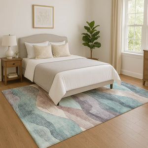 HomeRoots 5' X 8' Washable Abstract Area Rug in Teal, Beige & Ivory - UV Protection, Durable & Stylish Home Accent 709638