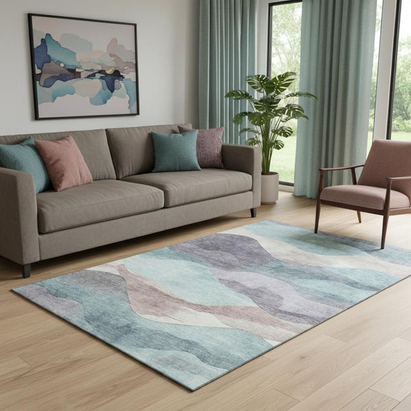 HomeRoots 8' Teal Beige Ivory Abstract Round Rug - Washable, UV Protected, Durable & Stylish for Any Space 709639