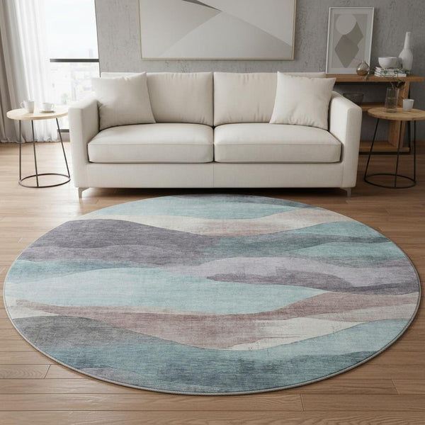 HomeRoots 8' X 10' Modern Teal Beige Ivory Abstract Washable Area Rug with UV Protection for Easy Care Living 709640
