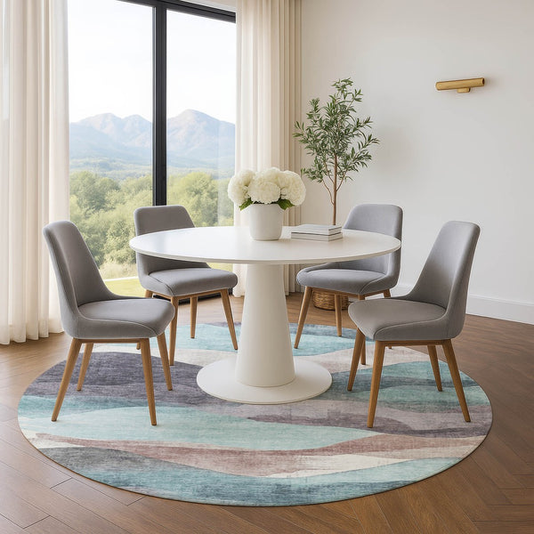 HomeRoots 8' X 10' Modern Teal Beige Ivory Abstract Washable Area Rug with UV Protection for Easy Care Living 709640