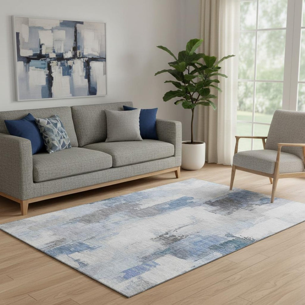 HomeRoots 8' Stylish Denim Blue Gray Ivory Abstract Round Rug - Washable, UV Protected, Durable & Soft Design 709645