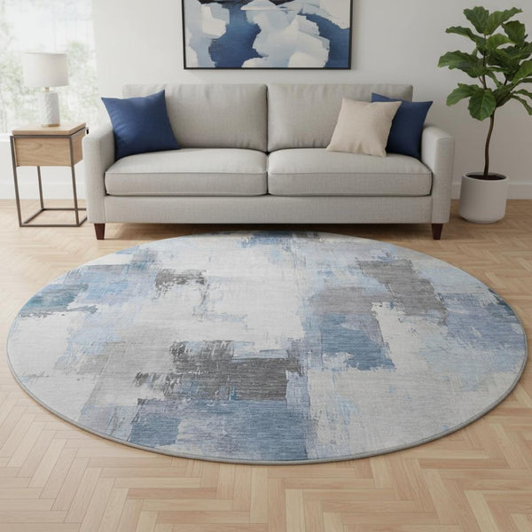 HomeRoots 8' X 10' Washable Area Rug in Denim Blue, Gray & Ivory - UV Protected for High-Traffic Spaces! 709646