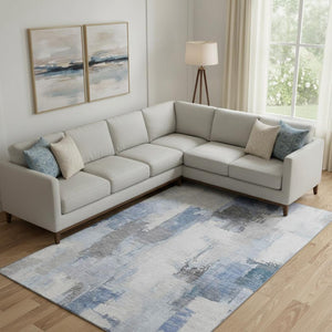 HomeRoots 10' Denim Blue, Gray & Ivory Abstract Washable Area Rug - Stain Resistant with UV Protection! 709648