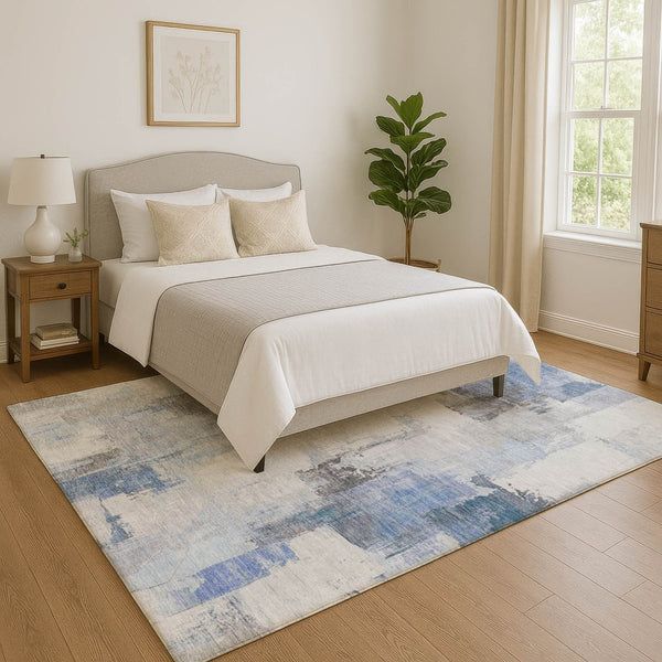 HomeRoots 10' Denim Blue, Gray & Ivory Abstract Washable Area Rug - Stain Resistant with UV Protection! 709648