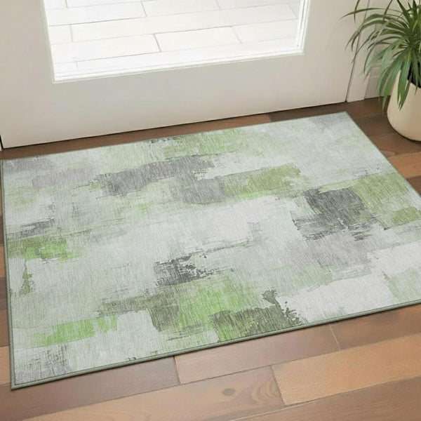 HomeRoots 5' X 8' Contemporary Green Gray Ivory Abstract Washable Area Rug - Durable, UV-Resistant Design! 709650