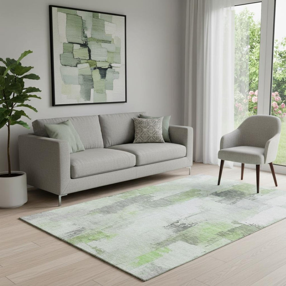 HomeRoots 8' Stylish Green Gray Ivory Abstract Round Rug - Washable, UV-Protected, Non-Slip for Modern Spaces 709651