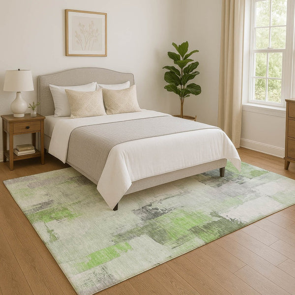 HomeRoots 9' X 12' Abstract Washable Area Rug in Green, Gray & Ivory – UV Protected, Durable & Stylish Home Essential 709653
