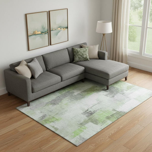 HomeRoots 10' X 14' Abstract Area Rug in Green, Gray & Ivory – Washable, UV-Protected, Non-Slip Design for Homes 709654