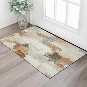 HomeRoots 5' X 8' Modern Abstract Ivory, Rust & Beige Washable Area Rug with UV Protection for High-Traffic Spaces 709656