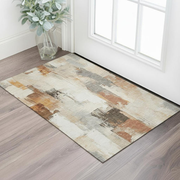 HomeRoots 5' X 8' Modern Abstract Ivory, Rust & Beige Washable Area Rug with UV Protection for High-Traffic Spaces 709656