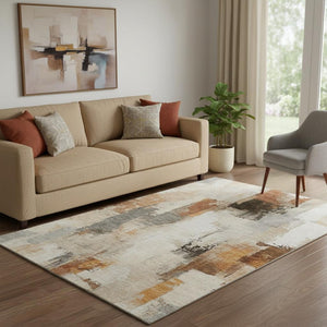 HomeRoots 8' Modern Abstract Washable Round Rug in Ivory, Rust & Beige - UV Protected, Easy Care & Stylish 709657