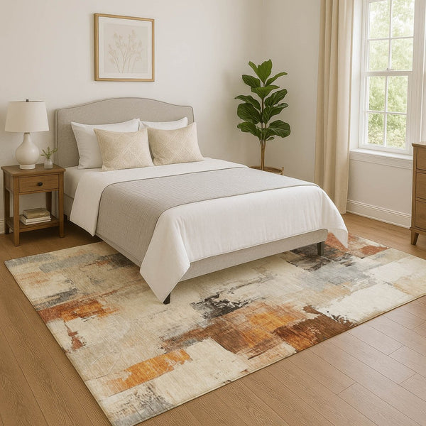 HomeRoots 8' Modern Abstract Washable Round Rug in Ivory, Rust & Beige - UV Protected, Easy Care & Stylish 709657