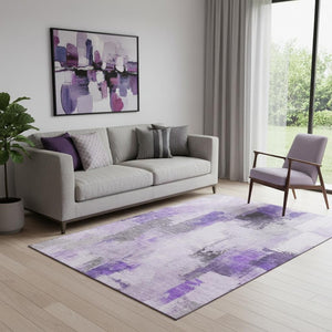 HomeRoots 8' Abstract Round Rug in Lavender Gray & Ivory - Washable, UV Protected, Non-Slip & Easy Care! 709663