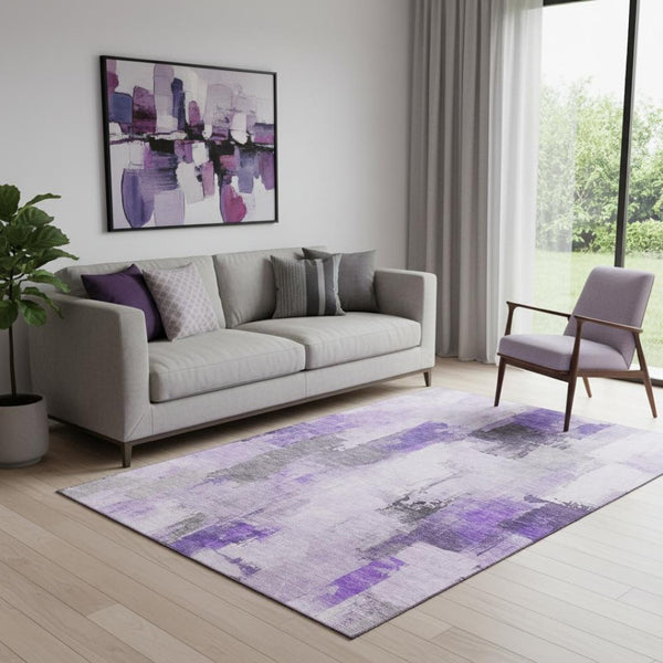 HomeRoots 8' Abstract Round Rug in Lavender Gray & Ivory - Washable, UV Protected, Non-Slip & Easy Care! 709663