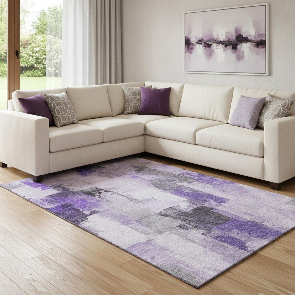 HomeRoots 9' X 12' Abstract Lavender Gray and Ivory Washable Area Rug with UV Protection for Modern Homes 709665