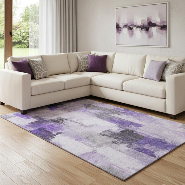 HomeRoots 9' X 12' Abstract Lavender Gray and Ivory Washable Area Rug with UV Protection for Modern Homes 709665