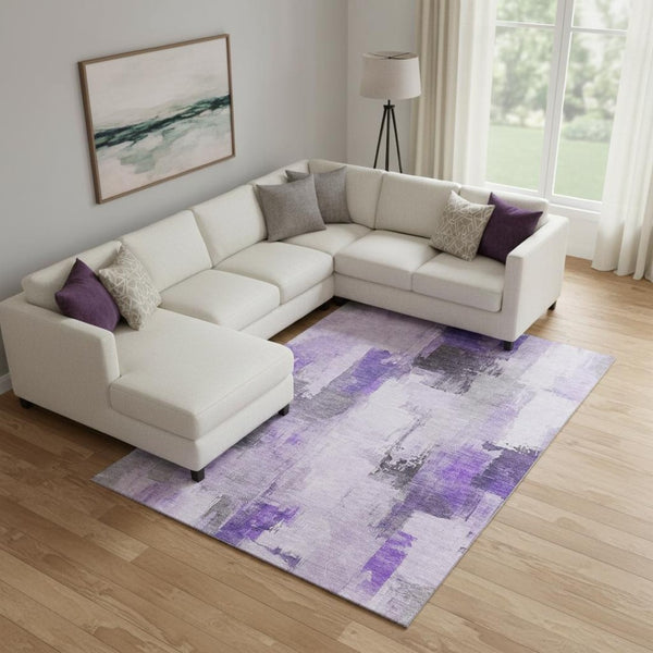 HomeRoots 10' X 14' Modern Lavender Gray & Ivory Abstract Area Rug – Washable, UV-Protected, Durable Design 709666