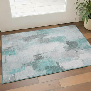 HomeRoots 5' X 8' Stylish Teal Gray Ivory Abstract Area Rug - Machine Washable, UV Protected, Stain Resistant! 709680