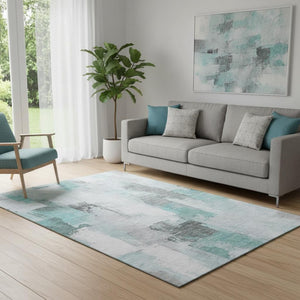 HomeRoots 8' Teal Gray and Ivory Abstract Washable Round Rug - Stain Resistant, UV Protected, Low Maintenance Style 709681