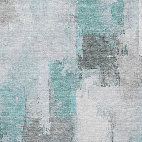 HomeRoots 8' Teal Gray and Ivory Abstract Washable Round Rug - Stain Resistant, UV Protected, Low Maintenance Style 709681