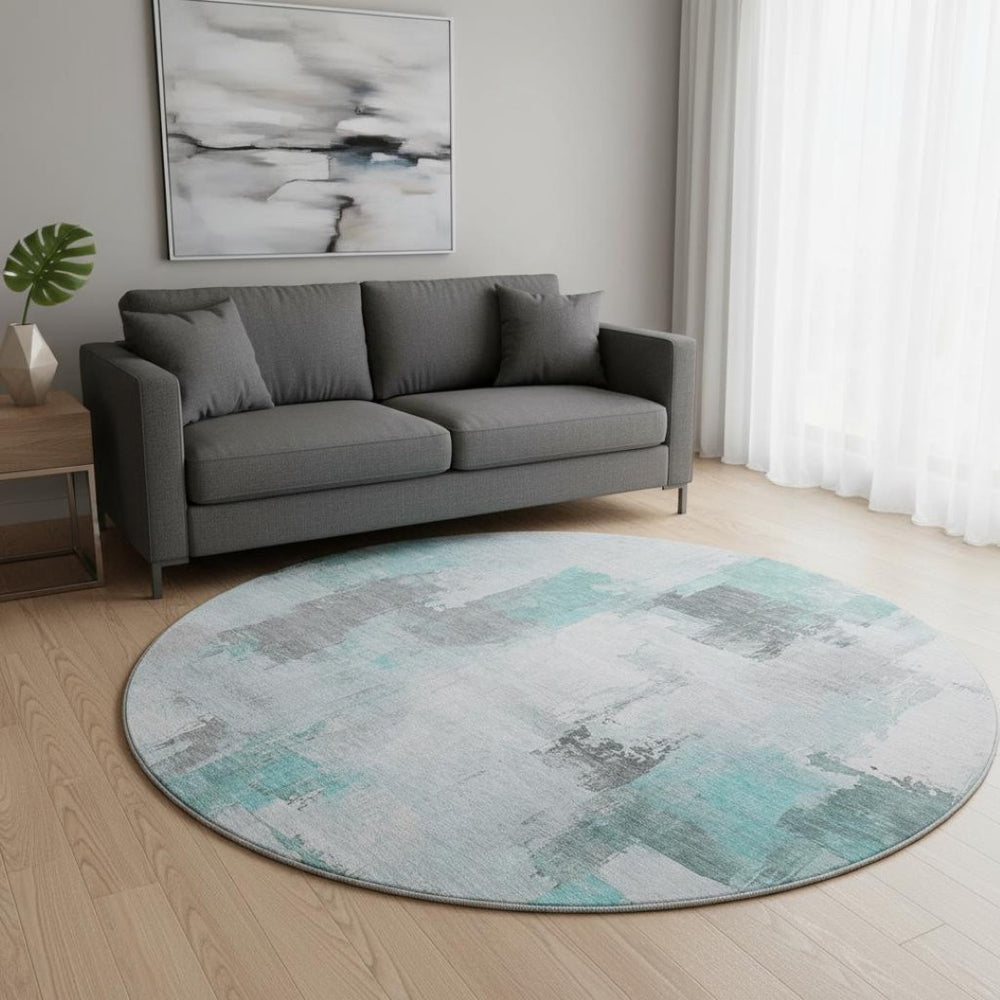 HomeRoots 8' X 10' Abstract Teal Gray Ivory Area Rug - Washable, Stain Resistant, UV Protected for Style & Durability 709682